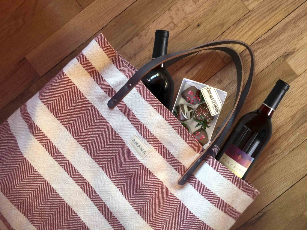 Woolen Mill bag, Chocolate Haus Chocolates, Fireside Winery Wine